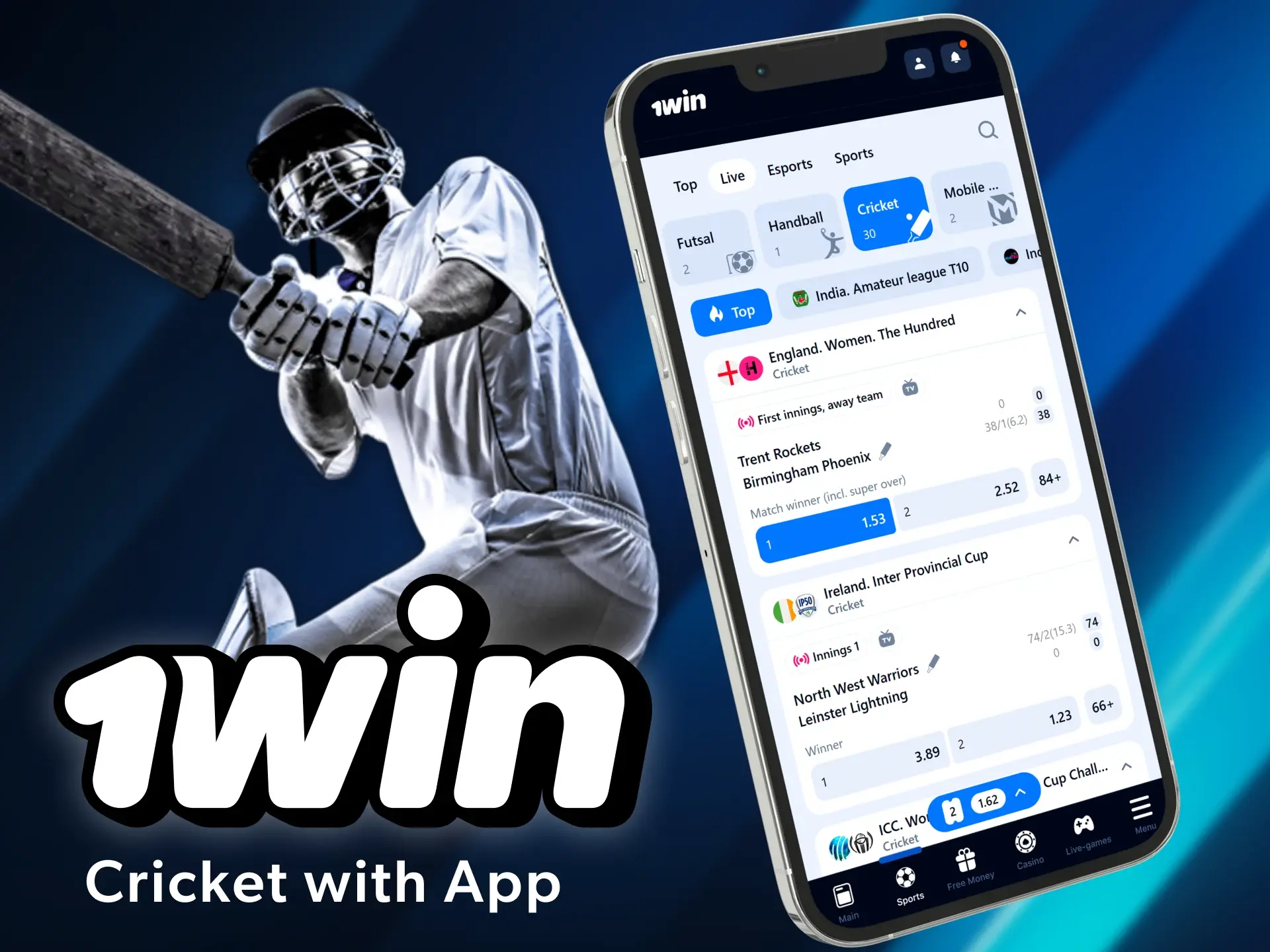 Install the 1win app on your smartphone to place bets on cricket whenever you want.